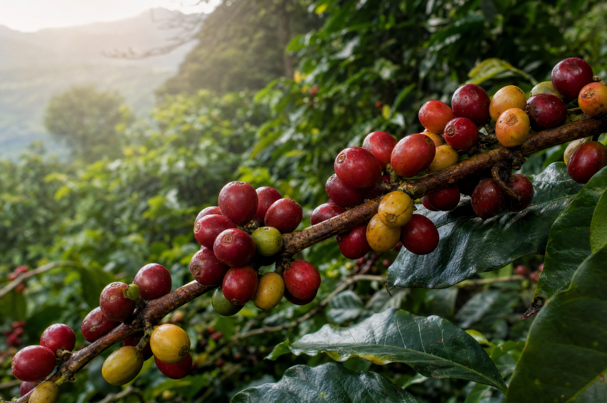 Ripe coffee cherries on a branch in Ethiopia