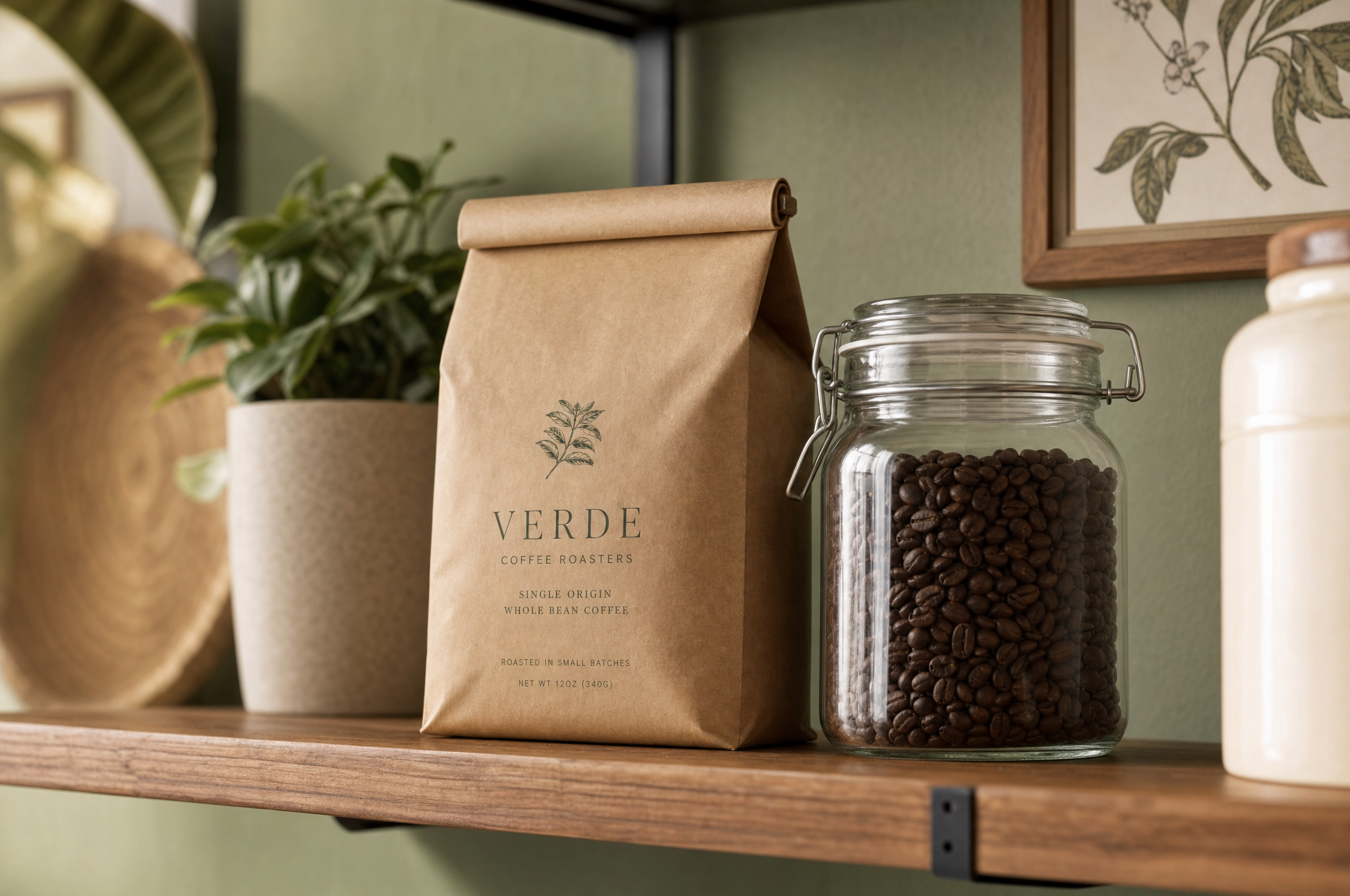 Coffee beans stored in a kraft paper bag and glass jar