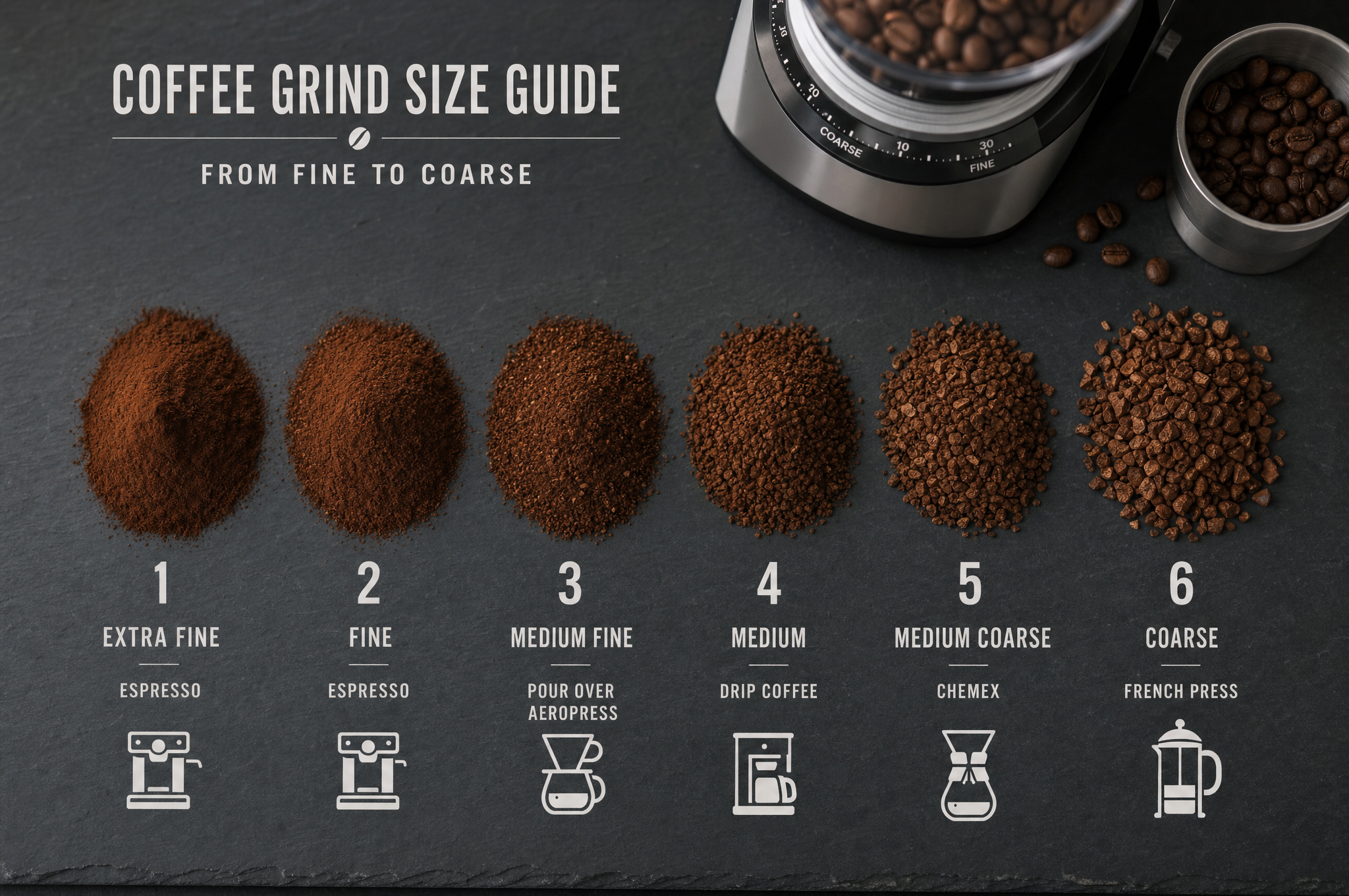 Coffee grind sizes arranged from fine to coarse