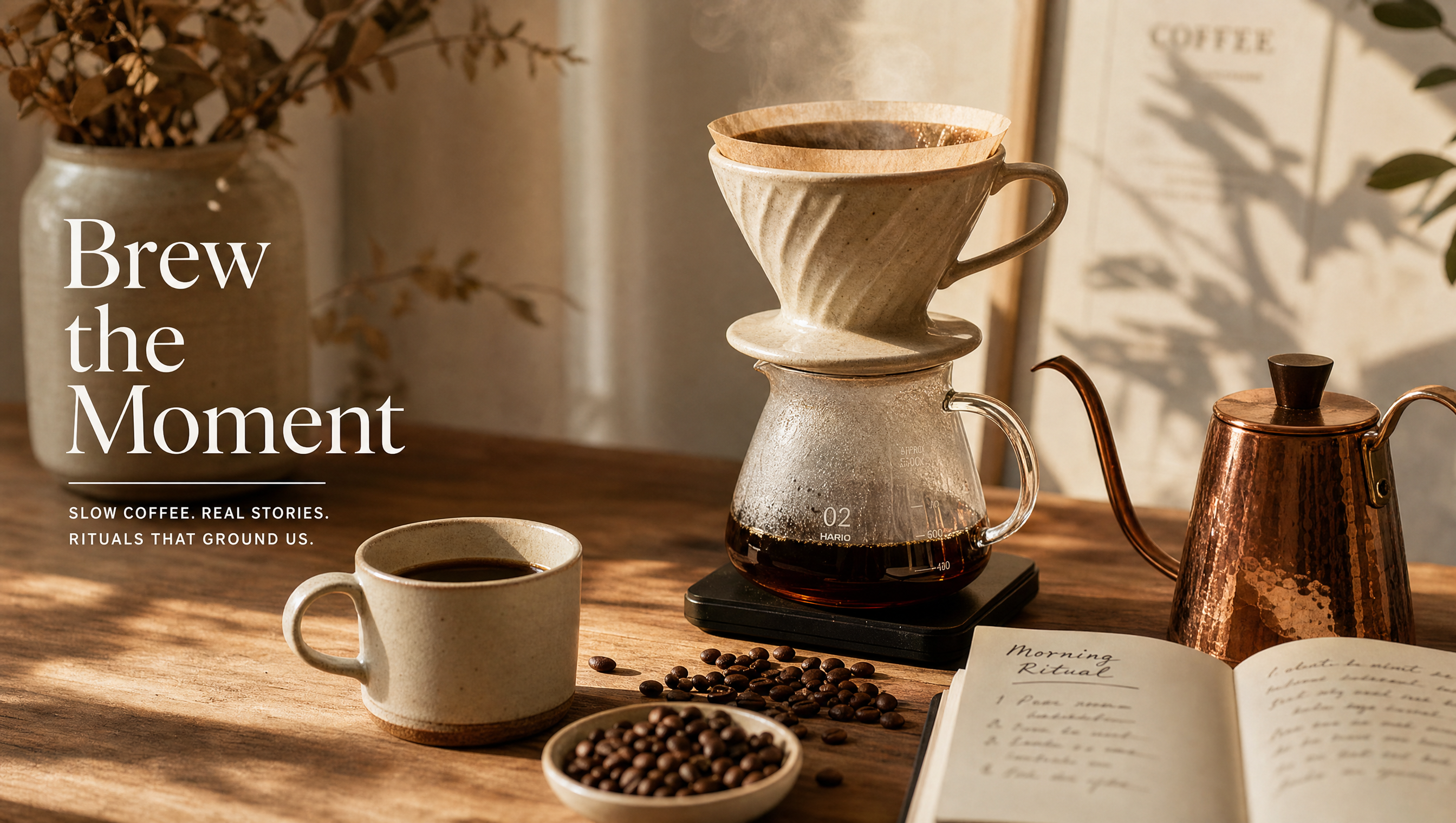Pour-over coffee brewing scene with copper kettle and ceramic dripper