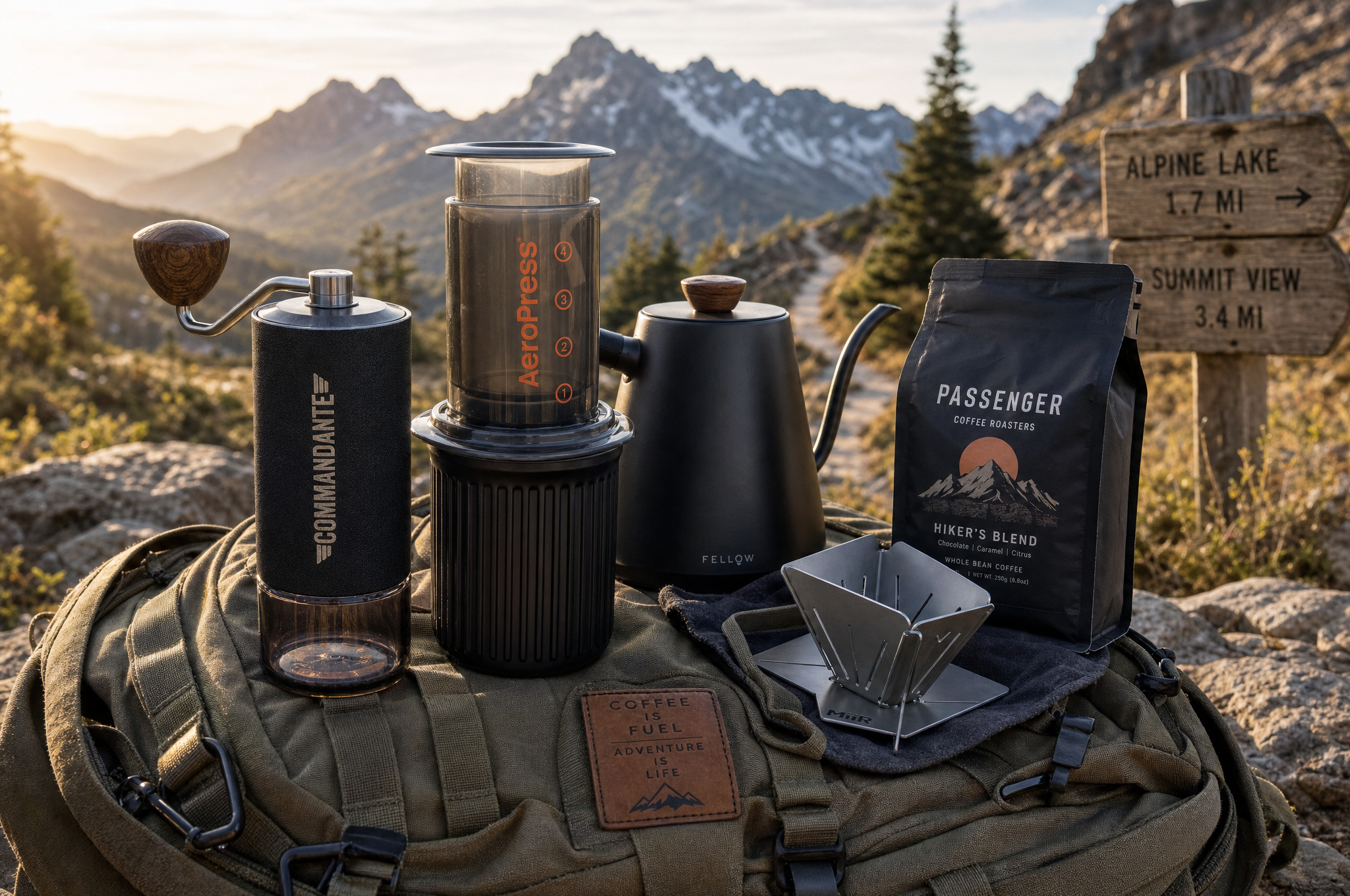 Portable travel coffee kit with grinder and AeroPress